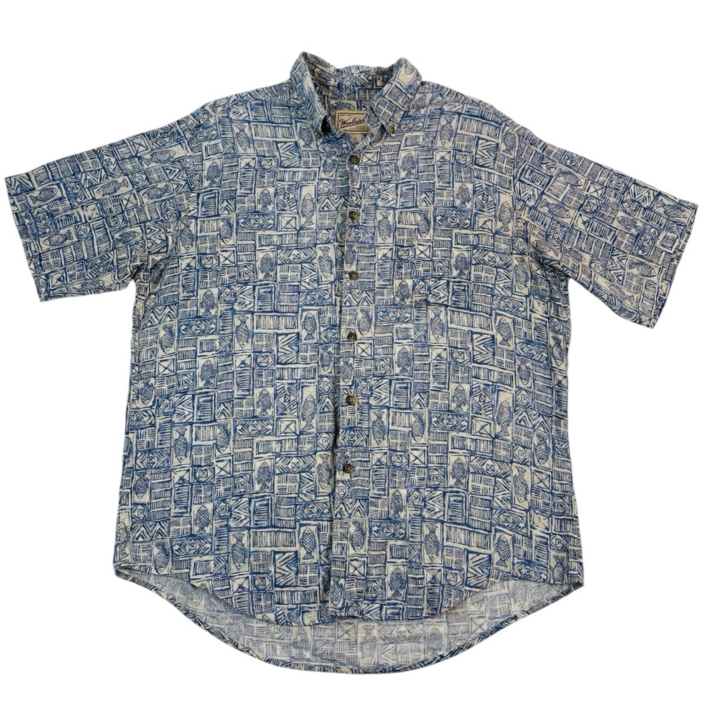 Woolrich Cotton Mens Large Button Up Shirt Tiki Beach Fish Hawaiian Blue Cream